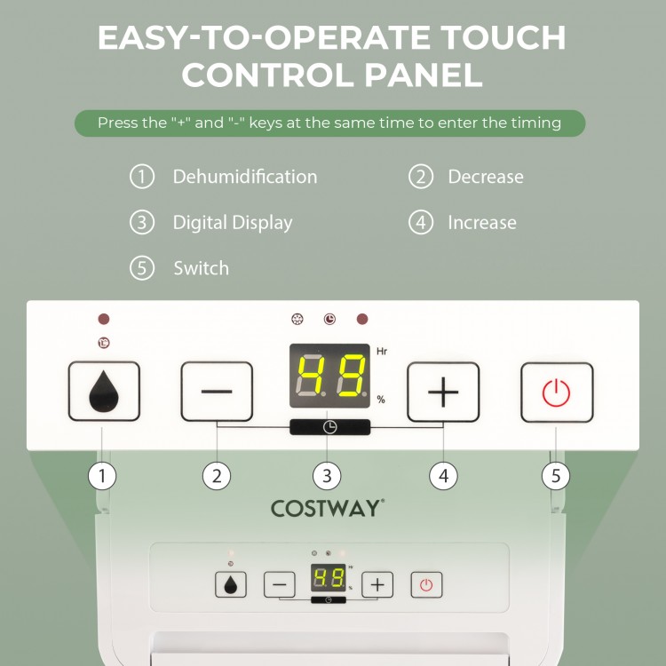 Touch control panel of the 2000 Sq. Ft 32 Pint Dehumidifier with LED display and adjustable settings for easy operation.