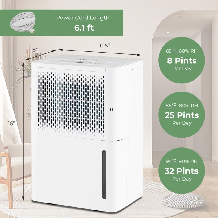 32 Pint dehumidifier in white with LED control panel, adjustable humidity, and visible water level for home use.