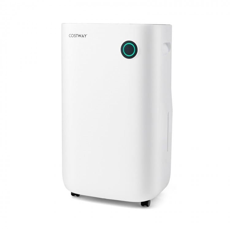 4500 Sq. Ft dehumidifier in white with 3-color indicator light and digital display, ideal for maintaining indoor.