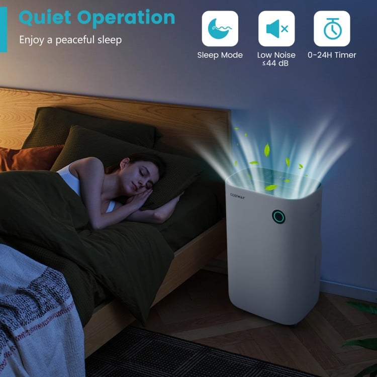 Dehumidifier with 5 modes and 3-color indicator light, designed for quiet operation in bedrooms up to 4500 sq. ft.