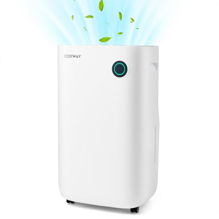White 4500 Sq. Ft dehumidifier with 5 modes, digital display, and 3-color indicator light for efficient moisture.