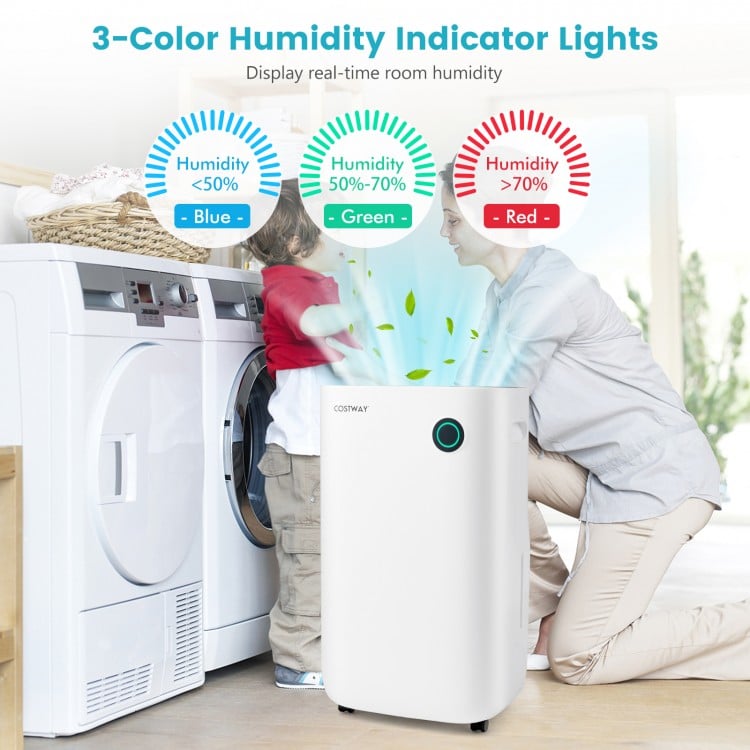 4500 Sq. Ft dehumidifier with 3-color humidity indicator lights, ideal for maintaining optimal moisture levels in large.
