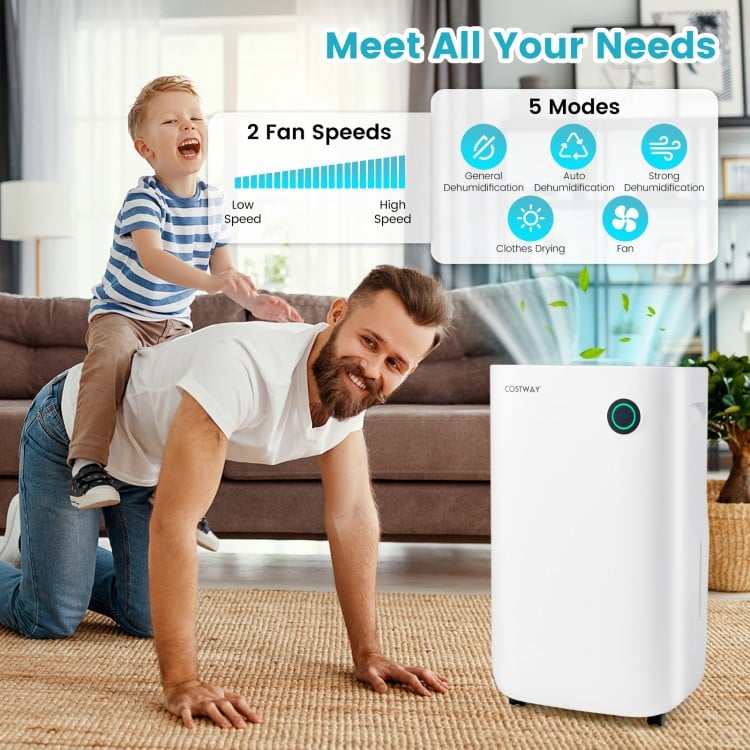 4500 Sq. Ft dehumidifier in white with digital display, 5 modes, and 2 fan speeds for efficient moisture removal.