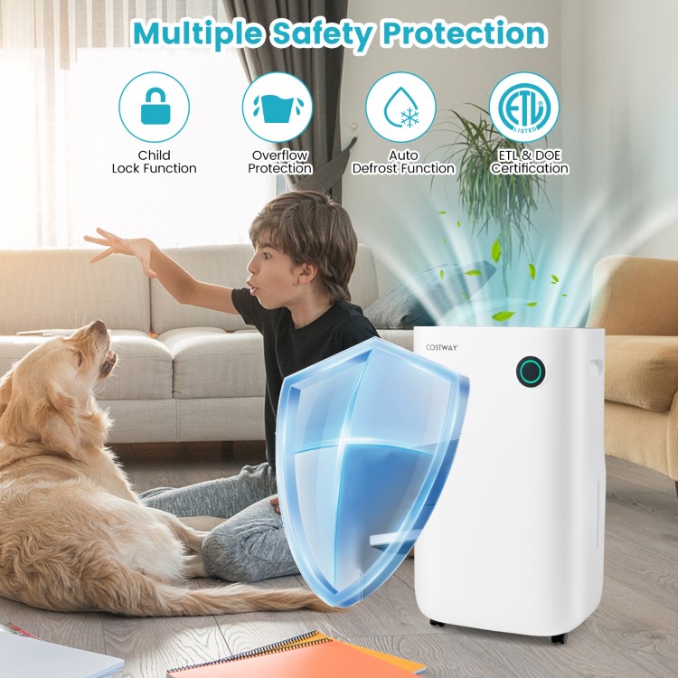 4500 sq. ft dehumidifier in white with digital display, 5 modes, and child lock for safe, efficient moisture removal.