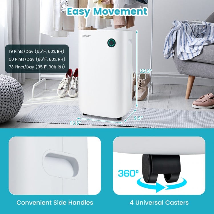 Dehumidifier with 4 universal casters, 73 pints/day capacity, and 5 modes for efficient moisture removal in large rooms.