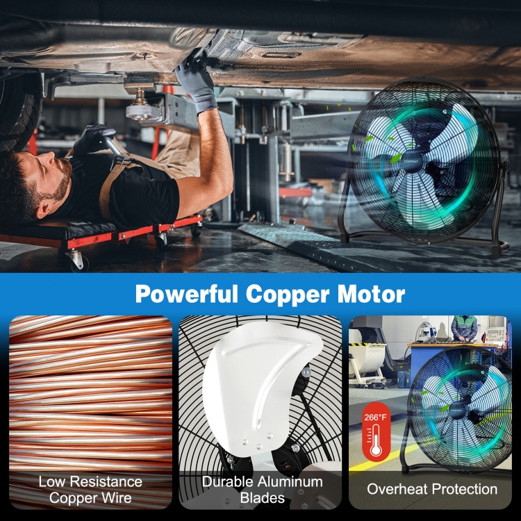 High velocity floor fan with adjustable tilt, durable aluminum blades, and 3 speeds for versatile use in garages and.