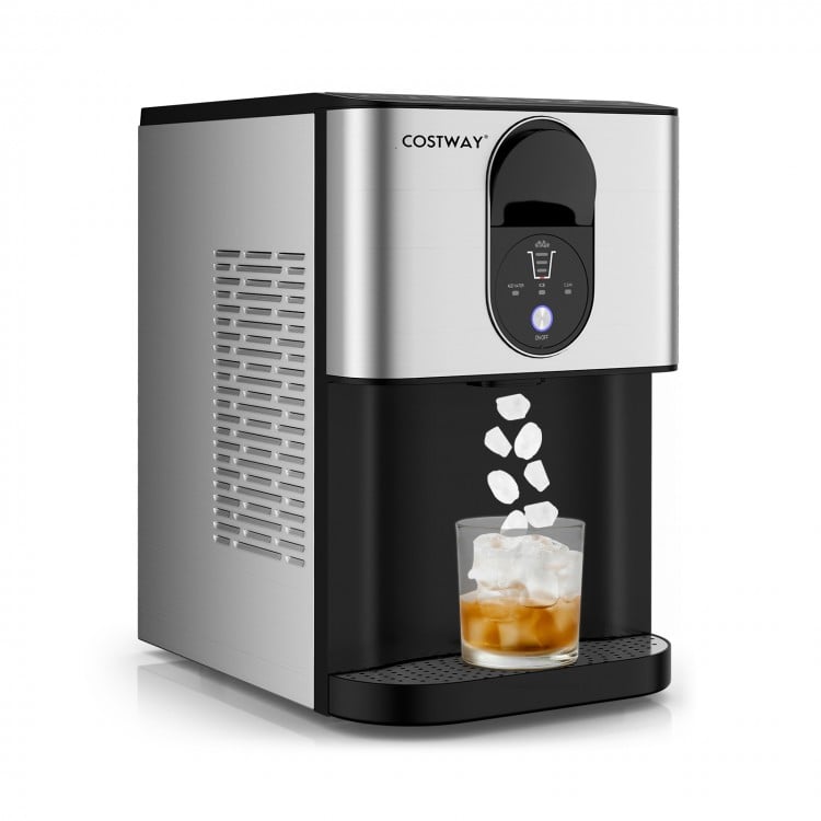 Self-dispensing nugget ice maker in silver, producing chewable ice cubes for easy serving and efficient cooling.
