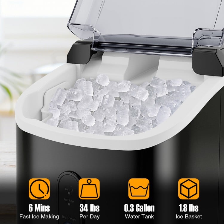 Nugget countertop ice maker in black with a 0.3-gallon tank, producing soft chewable ice in just 6 minutes.