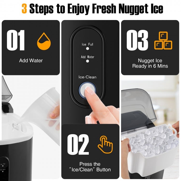 Nugget countertop ice maker in black, featuring a user-friendly design for quick 6-minute ice production.