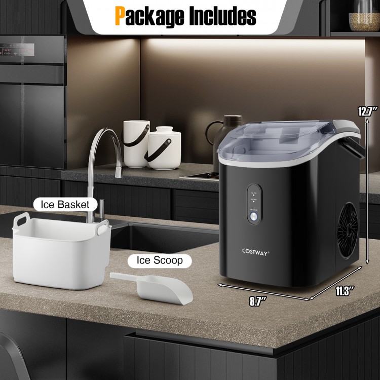 Nugget countertop ice maker in black with ice basket and scoop, designed for quick and efficient ice production.