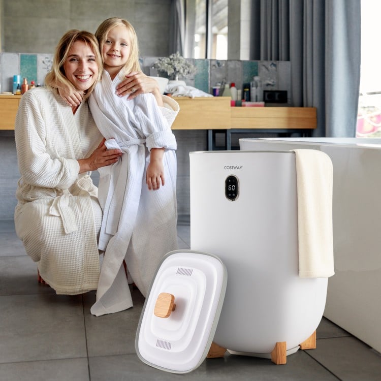Large 35L white towel warmer bucket with a family, featuring a sleek design and auto shut-off function for safety.