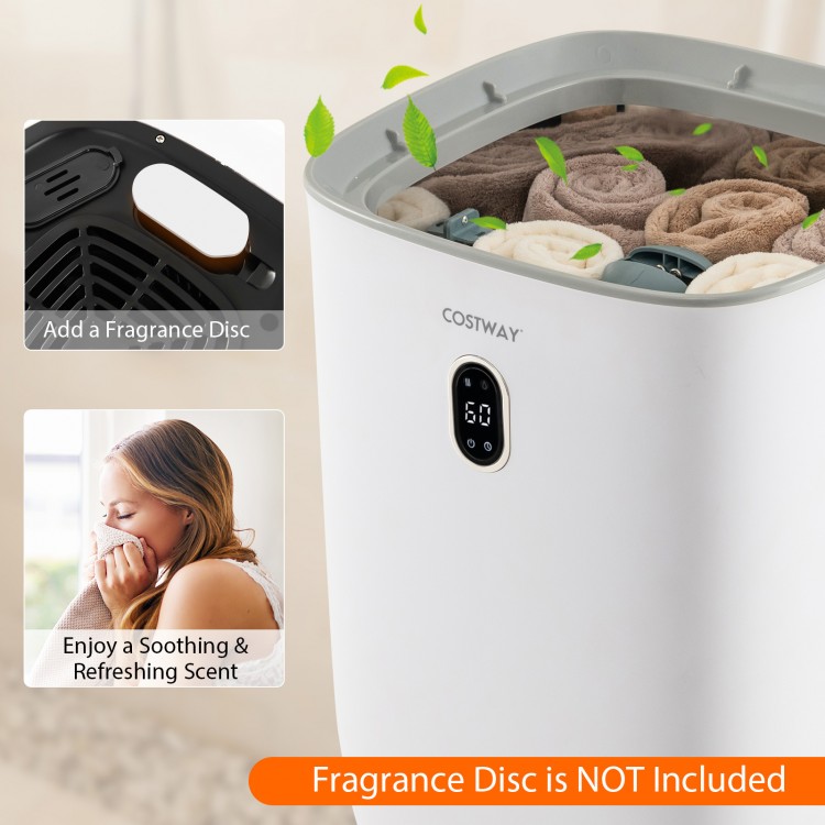 Top view of the 35L towel warmer bucket with towels, featuring a sleek white design and auto shut-off function for.