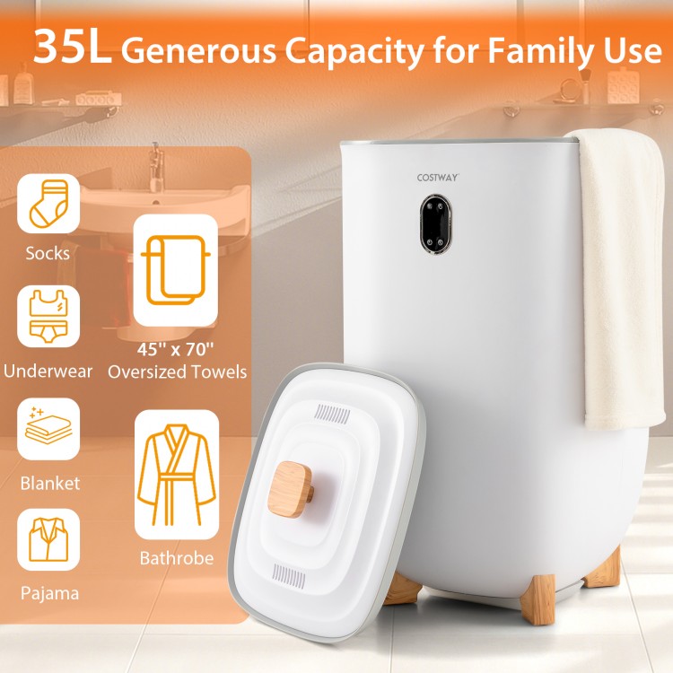 Large 35L white towel warmer bucket with auto shut-off, designed for drying towels and small items like socks.