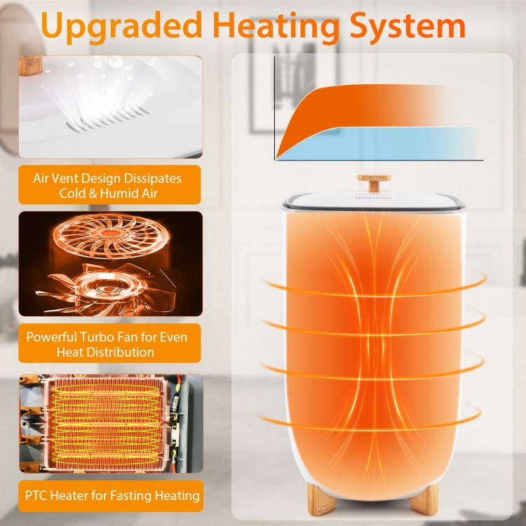 Cylindrical 35L towel warmer bucket in white with PTC heating, air vents, and auto shut-off for efficient drying.