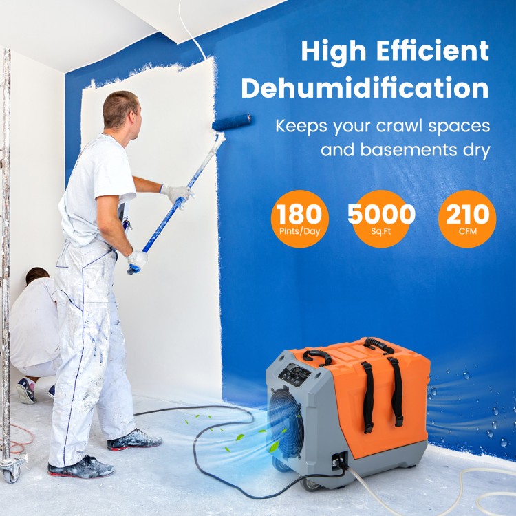 Commercial dehumidifier with pump, 180 pints/day capacity, ideal for crawl spaces and basements, featuring portable.