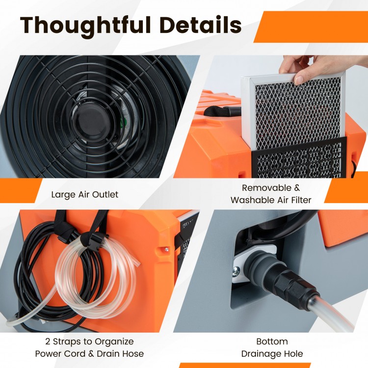 Large air outlet and removable filter of the 180 Pints/Day commercial dehumidifier for easy maintenance and operation.