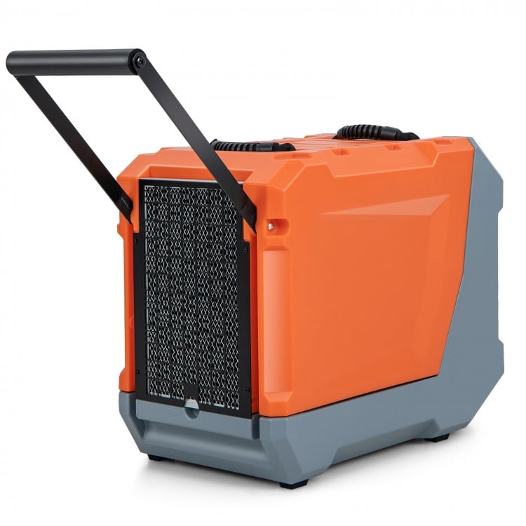 Commercial dehumidifier with pump in orange and gray, featuring a digital display and portable design for easy.