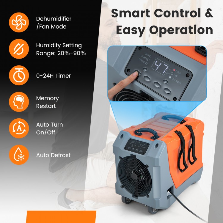 Commercial dehumidifier with pump and drain hose, featuring a digital display and portable design for easy operation.