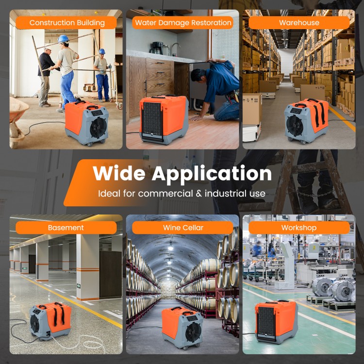 Commercial dehumidifier with pump, showcasing portable design and digital display, ideal for construction and.