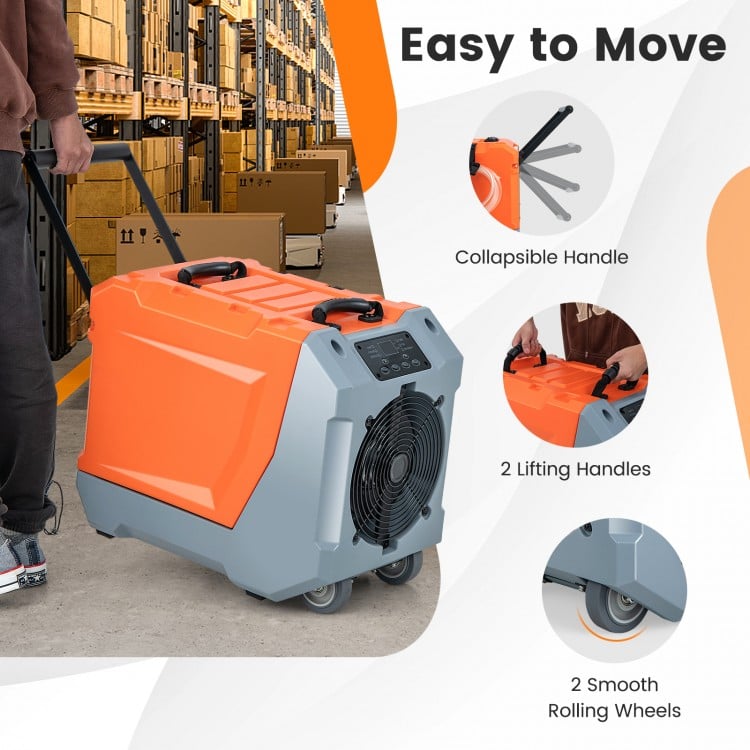 Commercial dehumidifier with pump, orange, featuring a collapsible handle and smooth rolling wheels for easy transport.