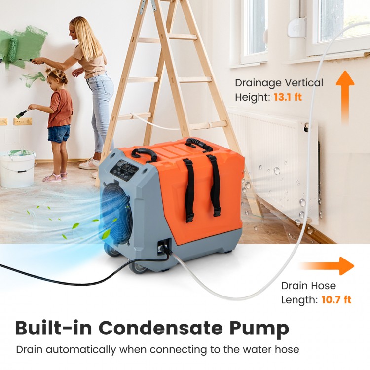Commercial dehumidifier with built-in pump and drain hose, featuring a digital display and portable design for easy use.