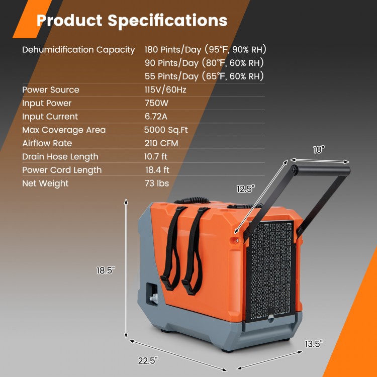 Commercial dehumidifier with pump and drain hose, 180 pints/day capacity, portable design for easy transport.