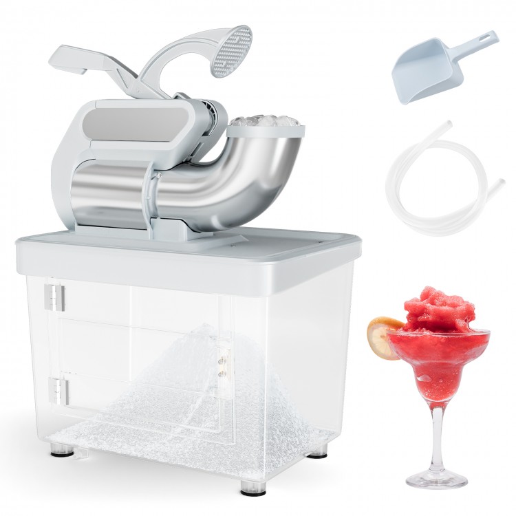Commercial ice crusher with dual stainless steel blades, 300W motor, and 10-gallon storage for efficient ice production.