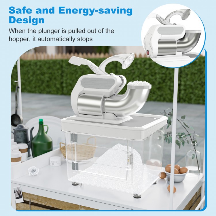 Commercial ice crusher with dual blades, 300W motor, and 10-gallon storage for efficient ice production.