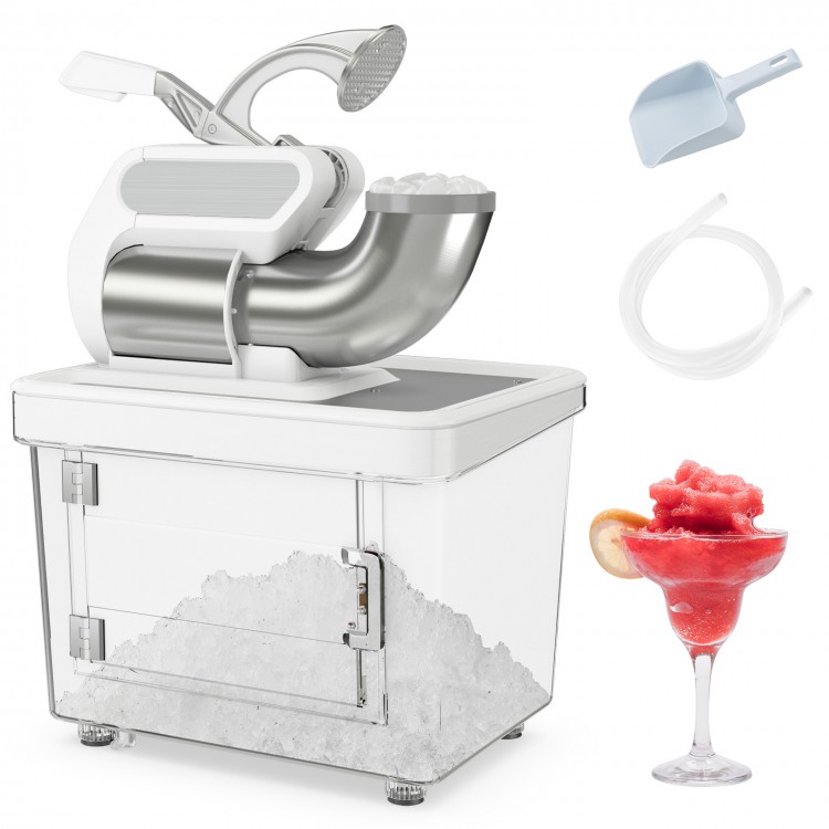 Commercial ice crusher with dual blades, 300W motor, 10-gallon storage, and ice scoop for efficient ice preparation.