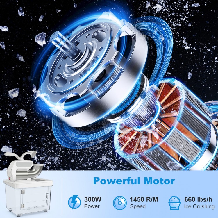 Close-up of the 300W commercial ice crusher motor showcasing dual blades, designed for efficient ice crushing and.