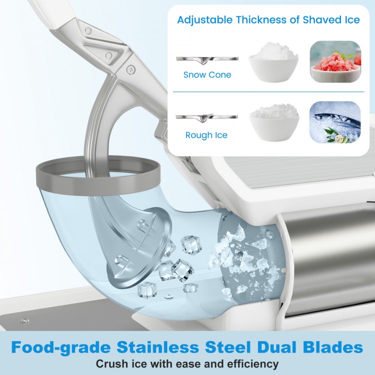 Food-grade stainless steel dual blades of the 300W ice crusher, showcasing adjustable ice thickness for efficient.