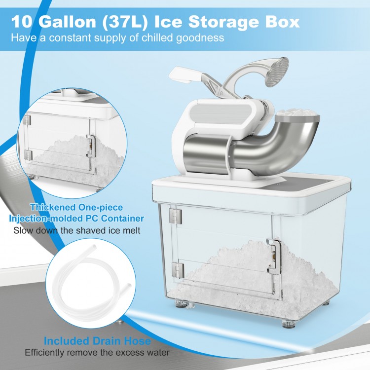 300W commercial ice crusher with dual blades and 10-gallon storage box, designed for efficient ice crushing and safety.