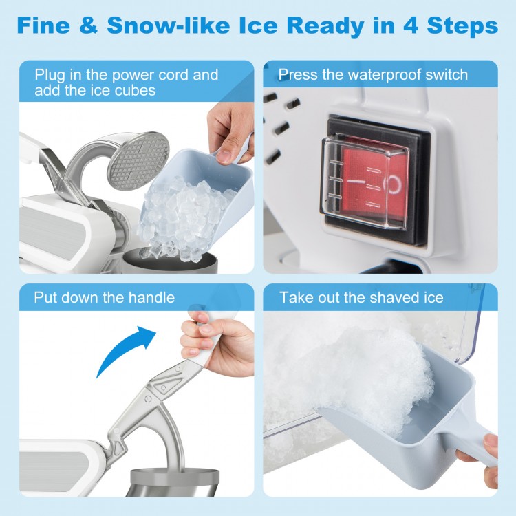 300W commercial ice crusher showing the waterproof switch, ice scoop, and ice storage box for efficient ice preparation.