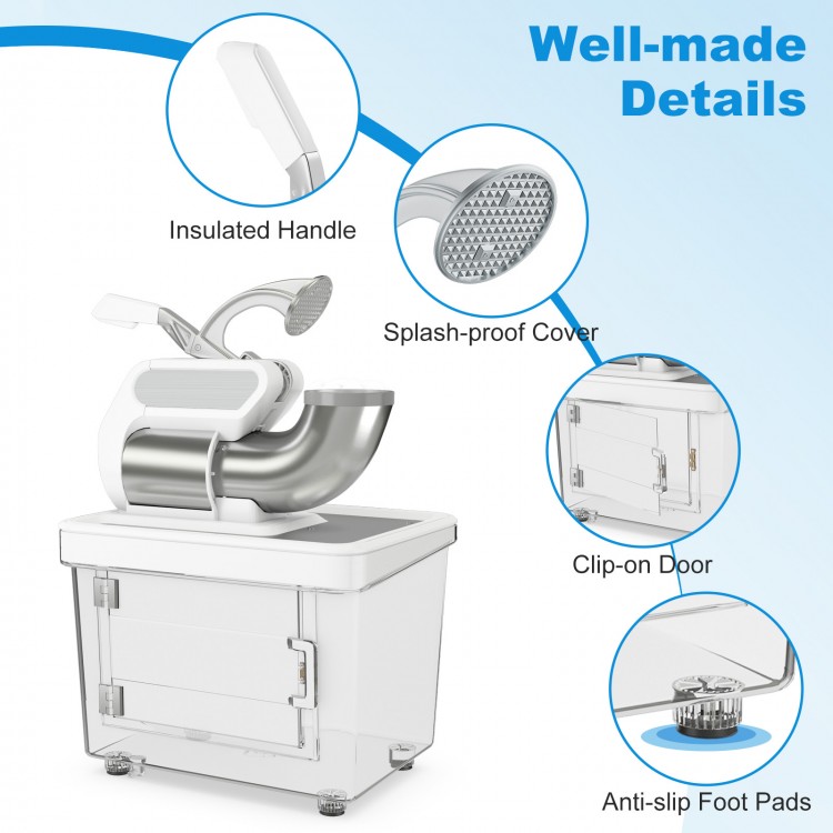 Commercial ice crusher featuring dual stainless steel blades, insulated handle, and anti-slip foot pads for stability.
