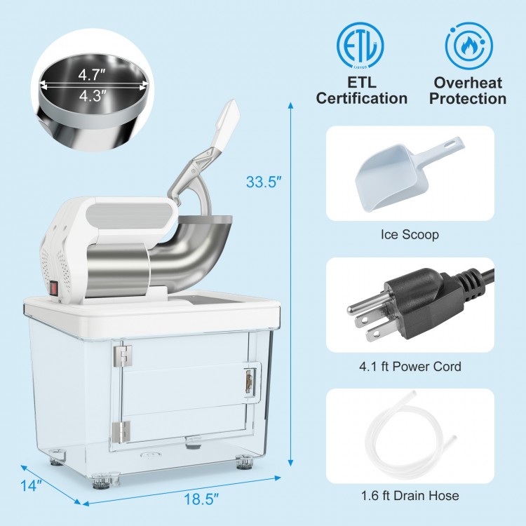 300W commercial ice crusher with dual blades, stainless steel design, and 10-gallon storage for efficient ice.