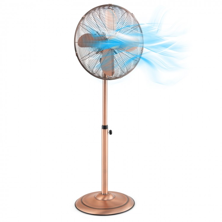 16-inch copper pedestal fan with adjustable height, 3 speeds, and 75° oscillation for optimal airflow in any room.