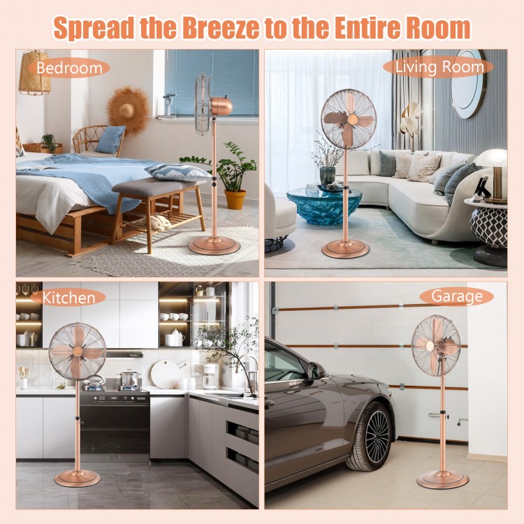 16-inch copper pedestal fan with adjustable height, 3 speeds, and 75° oscillation for effective cooling in any room.