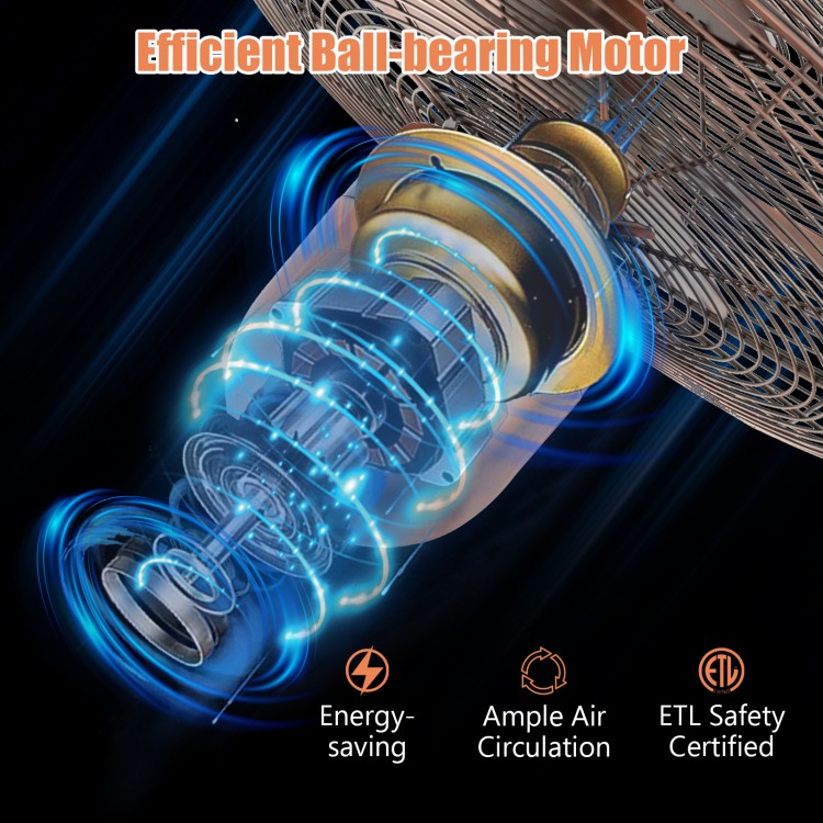 Close-up of the efficient ball-bearing motor in a 16-inch oscillating pedestal fan, featuring energy-saving design and.