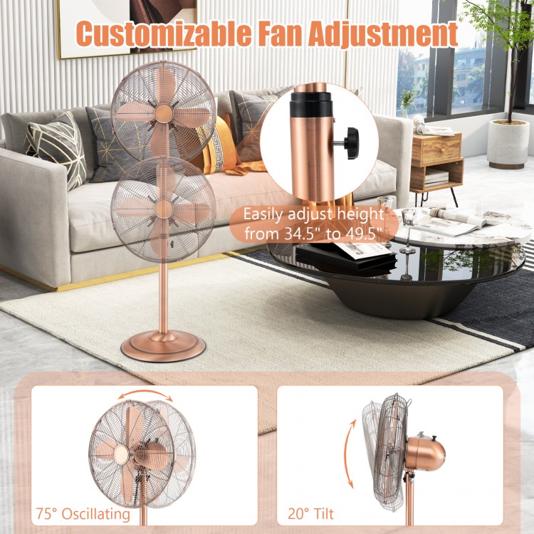 16-inch copper pedestal fan with adjustable height, 75° oscillation, and 20° tilt for customized airflow in any room.