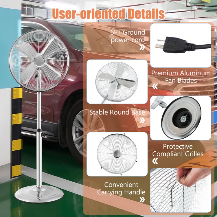 16-inch oscillating pedestal fan with adjustable height, 3 speeds, and heavy-duty metal construction for reliable.