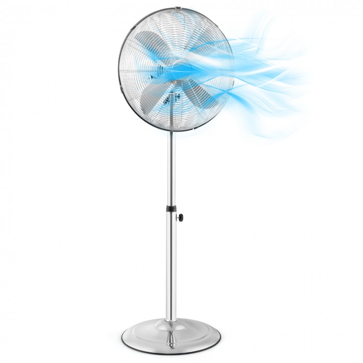 16-inch oscillating pedestal fan in silver with adjustable height, 3 speeds, and 75° oscillation for optimal airflow.