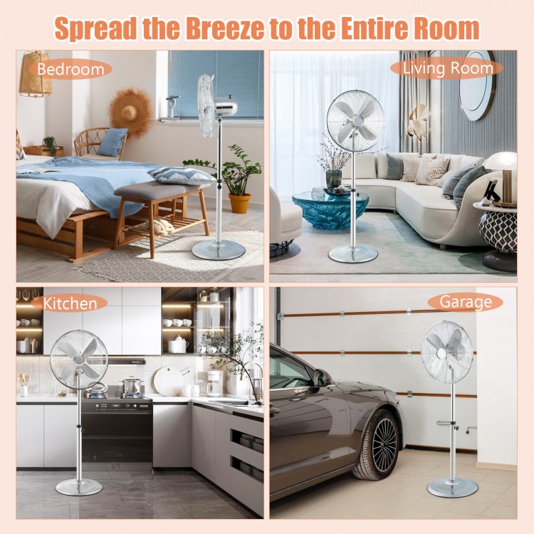 16-inch oscillating pedestal fan in silver with adjustable height, 3 speeds, and 75° oscillation for effective cooling.