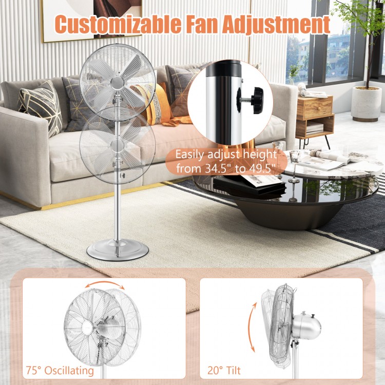 16-inch oscillating pedestal fan in silver with adjustable height, 3 speeds, and 20° tilt for optimal airflow in any.