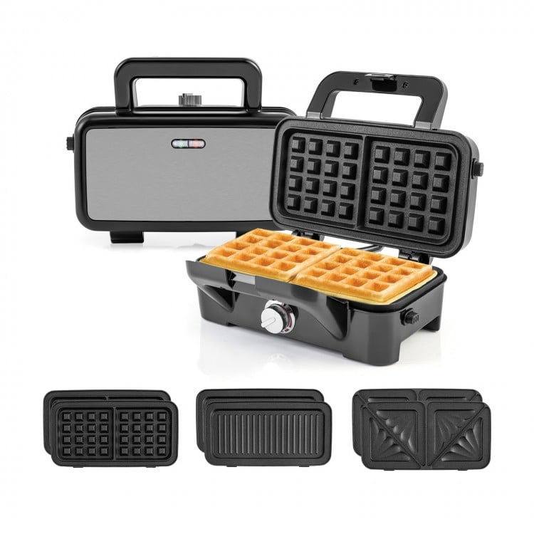 3-in-1 sandwich maker with removable non-stick plates, includes waffle and grilling options, ideal for versatile.