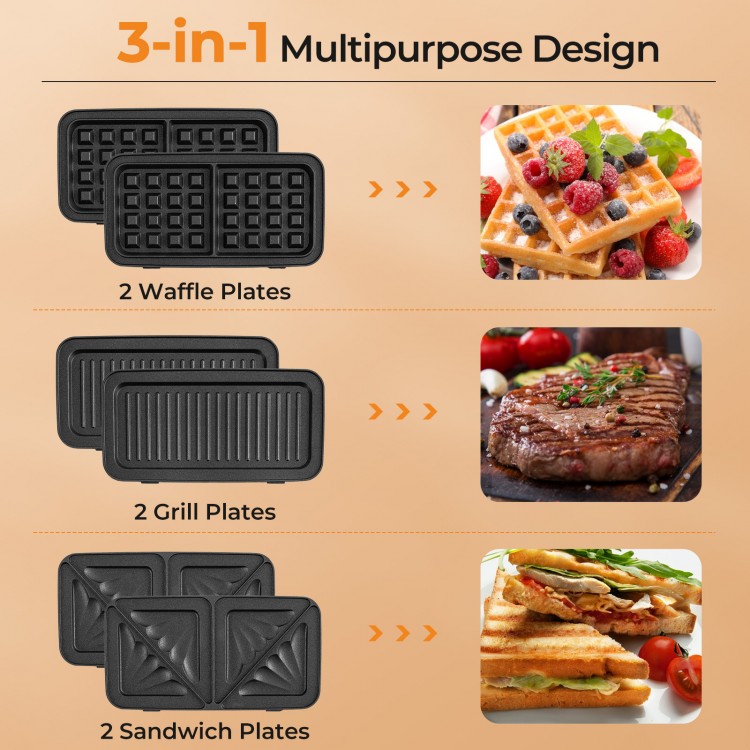 3-in-1 sandwich maker with removable non-stick plates, includes waffle, grill, and sandwich plates for versatile.