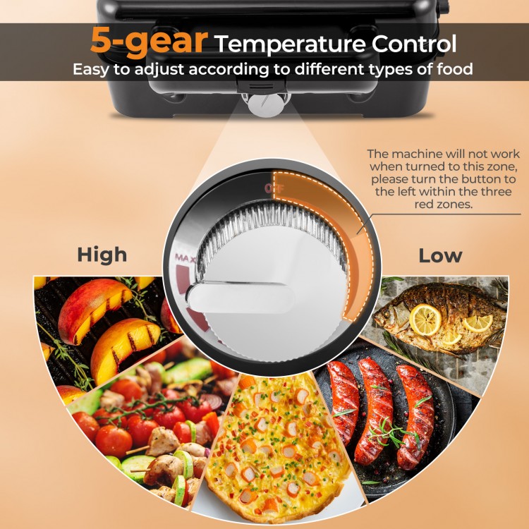 5-gear temperature control dial of the 3-in-1 sandwich maker, featuring removable non-stick plates for versatile.