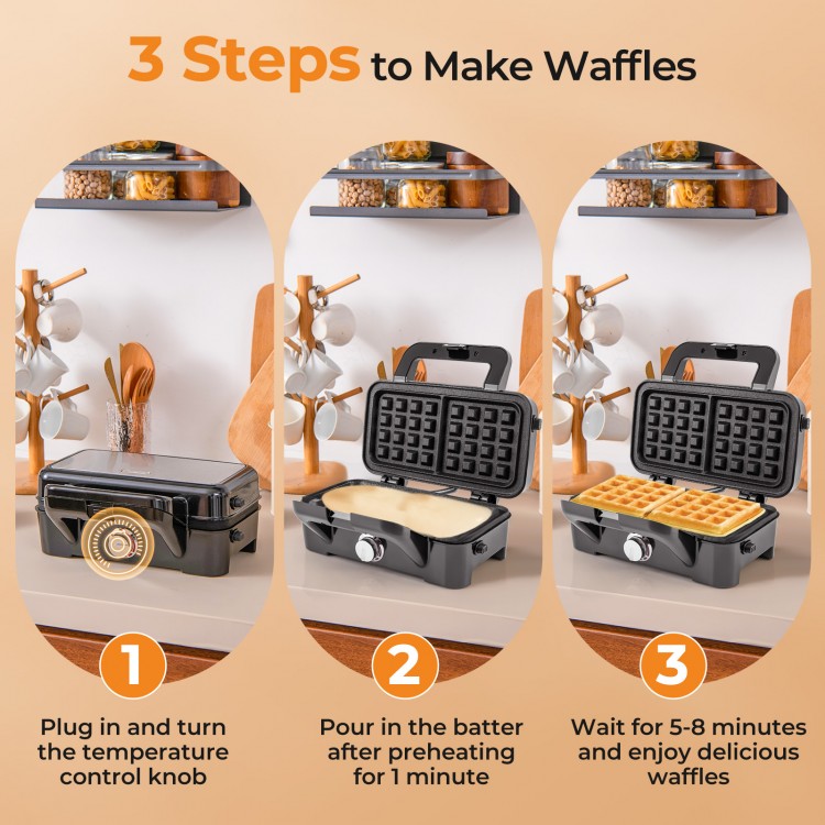 3-in-1 sandwich maker with removable non-stick plates, ideal for making waffles, sandwiches, and grilling at home.