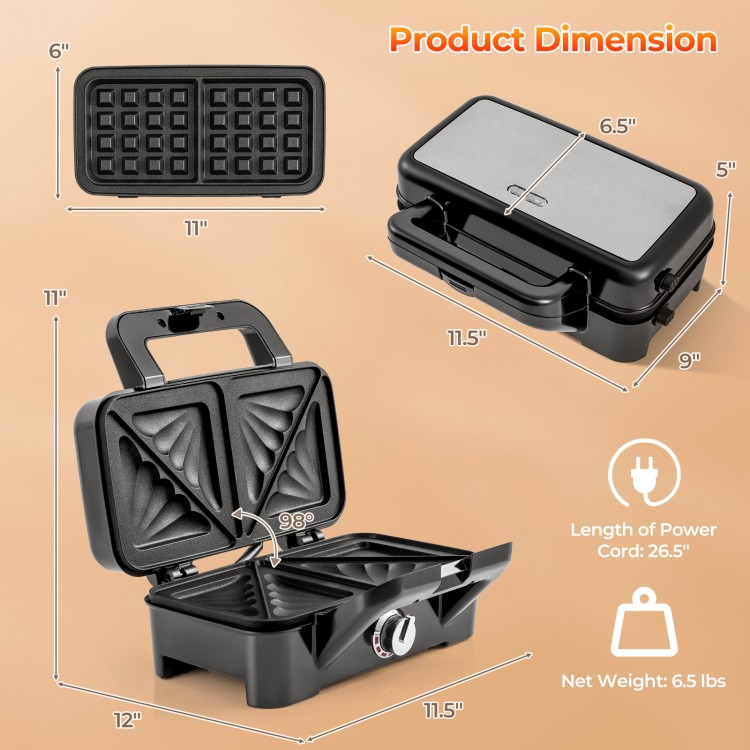 3-in-1 sandwich maker with removable non-stick plates, 1082W power, and foldable design for versatile cooking options.