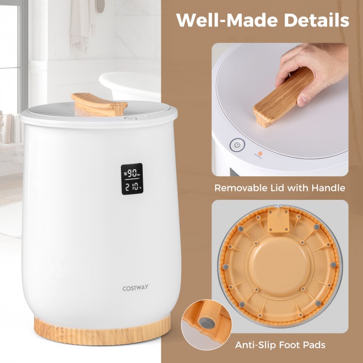 20L heated towel warmer with LED display, removable bamboo lid, and anti-slip foot pads for safe, easy use.