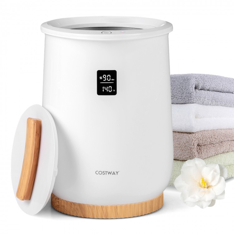 20L large heated towel warmer in white with LED display, bamboo base, and towels, perfect for family use.